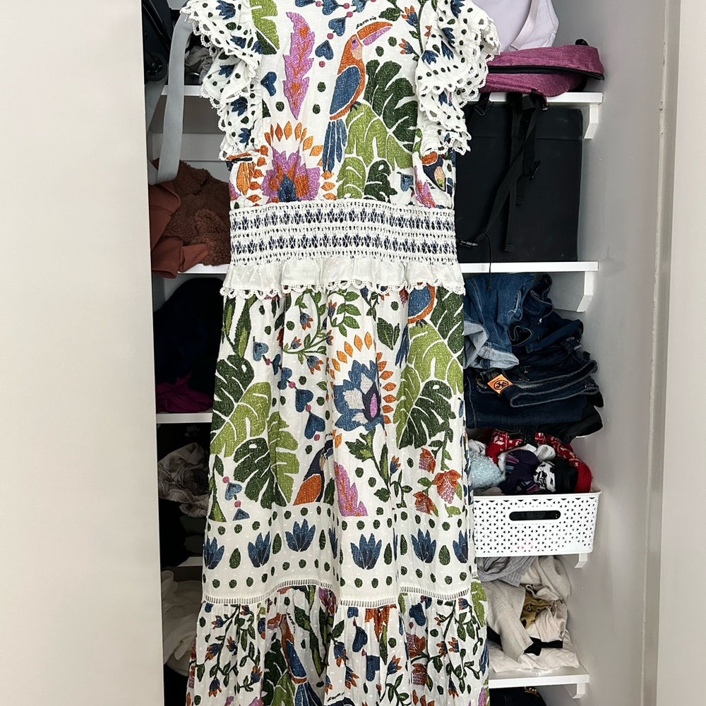 Farm Rio, white summer garden maxi dress, size L
